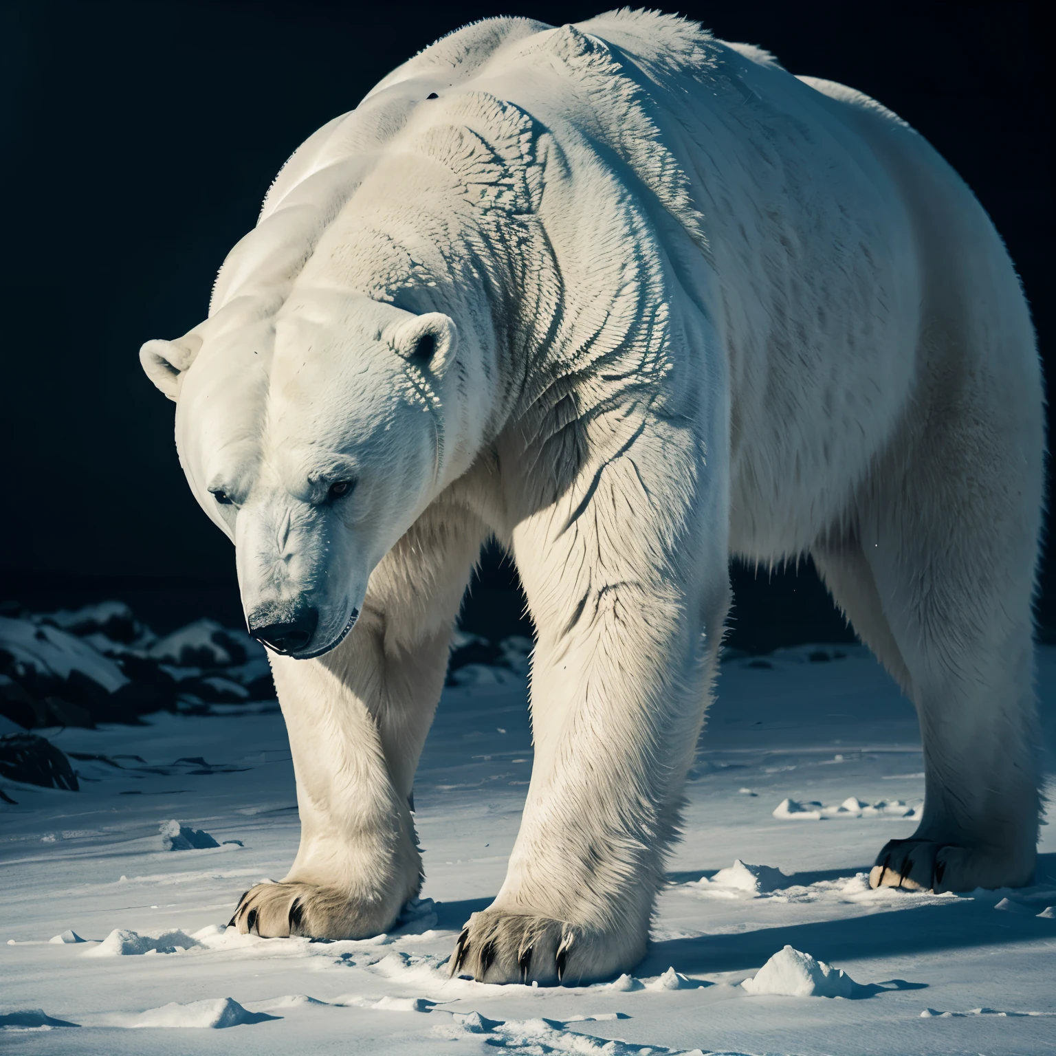 a large polar bear, severely wounded and bloodied, with a pained expression in its eyes, looking straight ahead, ultra-detailed, cinematic lighting, highly realistic, 8k, photorealistic, dark and moody atmosphere, dramatic shadows, muted color palette