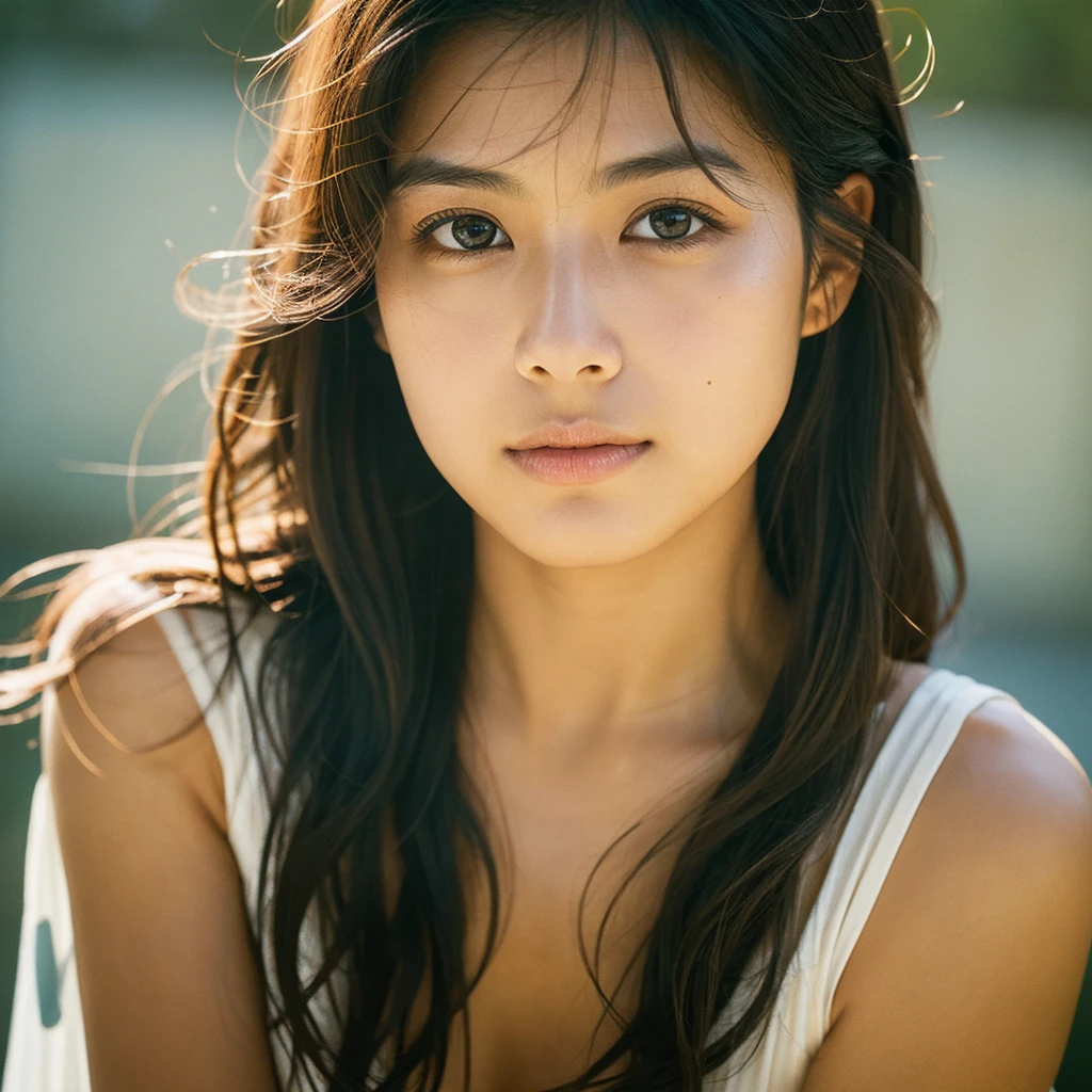 A hyper-realistic image of a single Japanese woman in her early 20s, captured with the nostalgic warmth and subtle graininess of a film camera. Her skin has a warm beige tone with a natural, slightly rough texture that includes visible pores, fine lines, and subtle imperfections such as small blemishes, adding to the authenticity of her appearance. The soft, diffused natural light enhances the film-like quality, casting gentle shadows that create a timeless, organic feel. Her straight, glossy black hair frames her face in a natural, slightly tousled manner, and her deep brown eyes reflect the ambient light, adding depth and emotion. The film camera effect introduces a slight grain and a softer focus, giving the image a warm, nostalgic atmosphere while maintaining the realistic texture of her skin. She is dressed simply, in a way that complements her natural beauty, with the overall composition designed to evoke a sense of genuine, understated elegance. The use of natural light, combined with the deliberately rougher texture of her skin and the film-like qualities, ensures that this image captures the imperfections that make her beauty truly lifelike, focusing solely on this one individual.