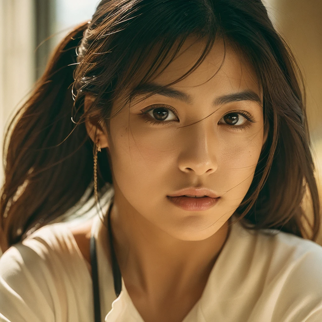 A hyper-realistic image of a single Japanese woman in her early 20s, captured with the nostalgic warmth and subtle graininess of a film camera. Her skin has a warm beige tone with a natural, slightly rough texture that includes visible pores, fine lines, and subtle imperfections such as small blemishes, adding to the authenticity of her appearance. The soft, diffused natural light enhances the film-like quality, casting gentle shadows that create a timeless, organic feel. Her straight, glossy black hair frames her face in a natural, slightly tousled manner, and her deep brown eyes reflect the ambient light, adding depth and emotion. The film camera effect introduces a slight grain and a softer focus, giving the image a warm, nostalgic atmosphere while maintaining the realistic texture of her skin. She is dressed simply, in a way that complements her natural beauty, with the overall composition designed to evoke a sense of genuine, understated elegance. The use of natural light, combined with the deliberately rougher texture of her skin and the film-like qualities, ensures that this image captures the imperfections that make her beauty truly lifelike, focusing solely on this one individual.