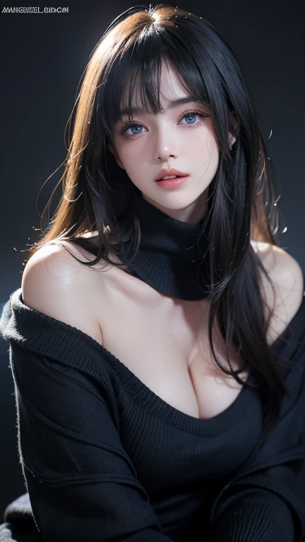 masterpiece, best quality, ultra-detailed, intricately detailed hyperdetailed, realistic, sharp features, highly detailed, sharp focus, perfect face, perfect face, perfect symmetrically perfect eyes, perfect full lips, flexible female form, cinematic, film light, hyper detailed, hyper realistic, high resolution, vibrant, dynamic studio lighting, ((Dark background)), Sexy face, Facial expressions when receiving pleasure, straight Bangs, Big breasts, Exposed cleavage, blue Eyes,black sweater, cowboy shot,