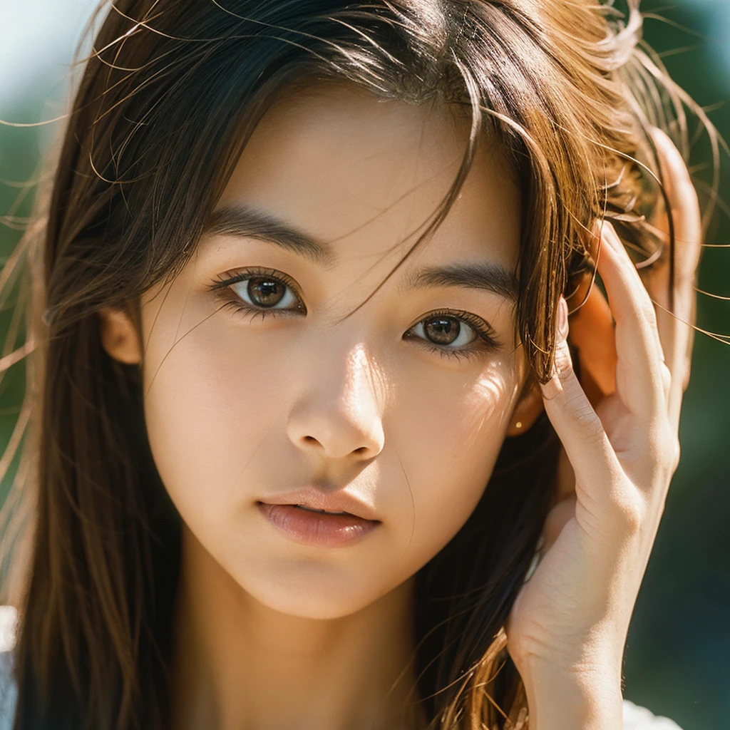 A hyper-realistic image of a single Japanese woman in her early 20s, captured with the nostalgic warmth and subtle graininess of a film camera. Her skin has a warm beige tone with a natural, slightly rough texture that includes visible pores, fine lines, and subtle imperfections such as small blemishes, adding to the authenticity of her appearance. The soft, diffused natural light enhances the film-like quality, casting gentle shadows that create a timeless, organic feel. Her straight, glossy black hair frames her face in a natural, slightly tousled manner, and her deep brown eyes reflect the ambient light, adding depth and emotion. The film camera effect introduces a slight grain and a softer focus, giving the image a warm, nostalgic atmosphere while maintaining the realistic texture of her skin. She is dressed simply, in a way that complements her natural beauty, with the overall composition designed to evoke a sense of genuine, understated elegance. The use of natural light, combined with the deliberately rougher texture of her skin and the film-like qualities, ensures that this image captures the imperfections that make her beauty truly lifelike, focusing solely on this one individual.