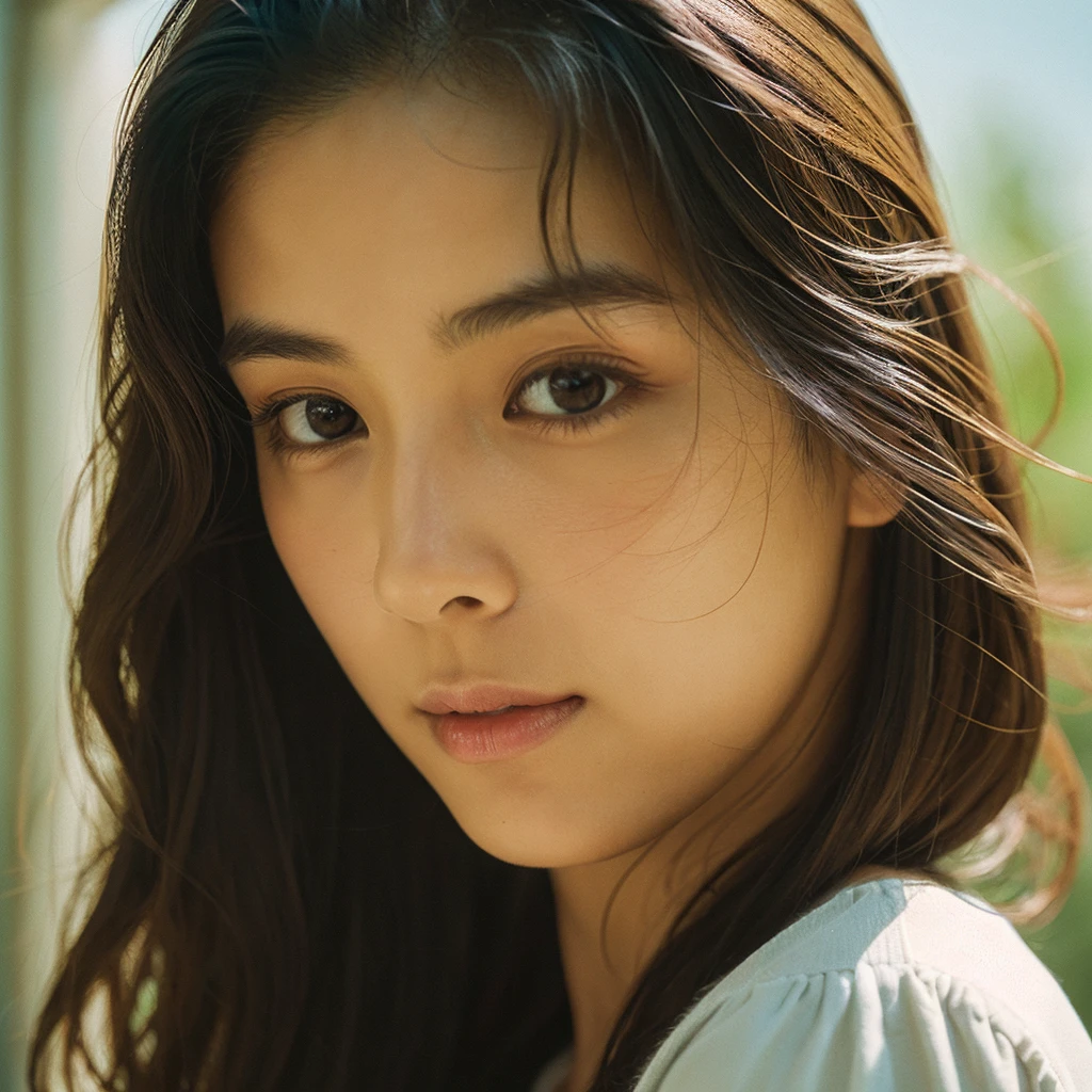 A hyper-realistic image of a single Japanese woman in her early 20s, captured with the nostalgic warmth and subtle graininess of a film camera. Her skin has a warm beige tone with a natural, slightly rough texture that includes visible pores, fine lines, and subtle imperfections such as small blemishes, adding to the authenticity of her appearance. The soft, diffused natural light enhances the film-like quality, casting gentle shadows that create a timeless, organic feel. Her straight, glossy black hair frames her face in a natural, slightly tousled manner, and her deep brown eyes reflect the ambient light, adding depth and emotion. The film camera effect introduces a slight grain and a softer focus, giving the image a warm, nostalgic atmosphere while maintaining the realistic texture of her skin. She is dressed simply, in a way that complements her natural beauty, with the overall composition designed to evoke a sense of genuine, understated elegance. The use of natural light, combined with the deliberately rougher texture of her skin and the film-like qualities, ensures that this image captures the imperfections that make her beauty truly lifelike, focusing solely on this one individual.