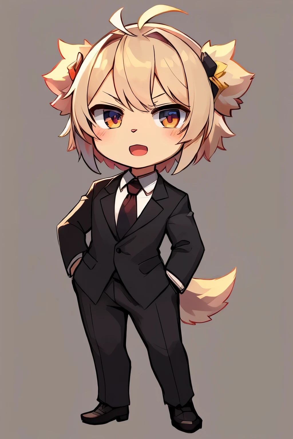 chibi,1 man, handsome, business suit, standing, confident,vtuber,intellectual,open mouth,no background