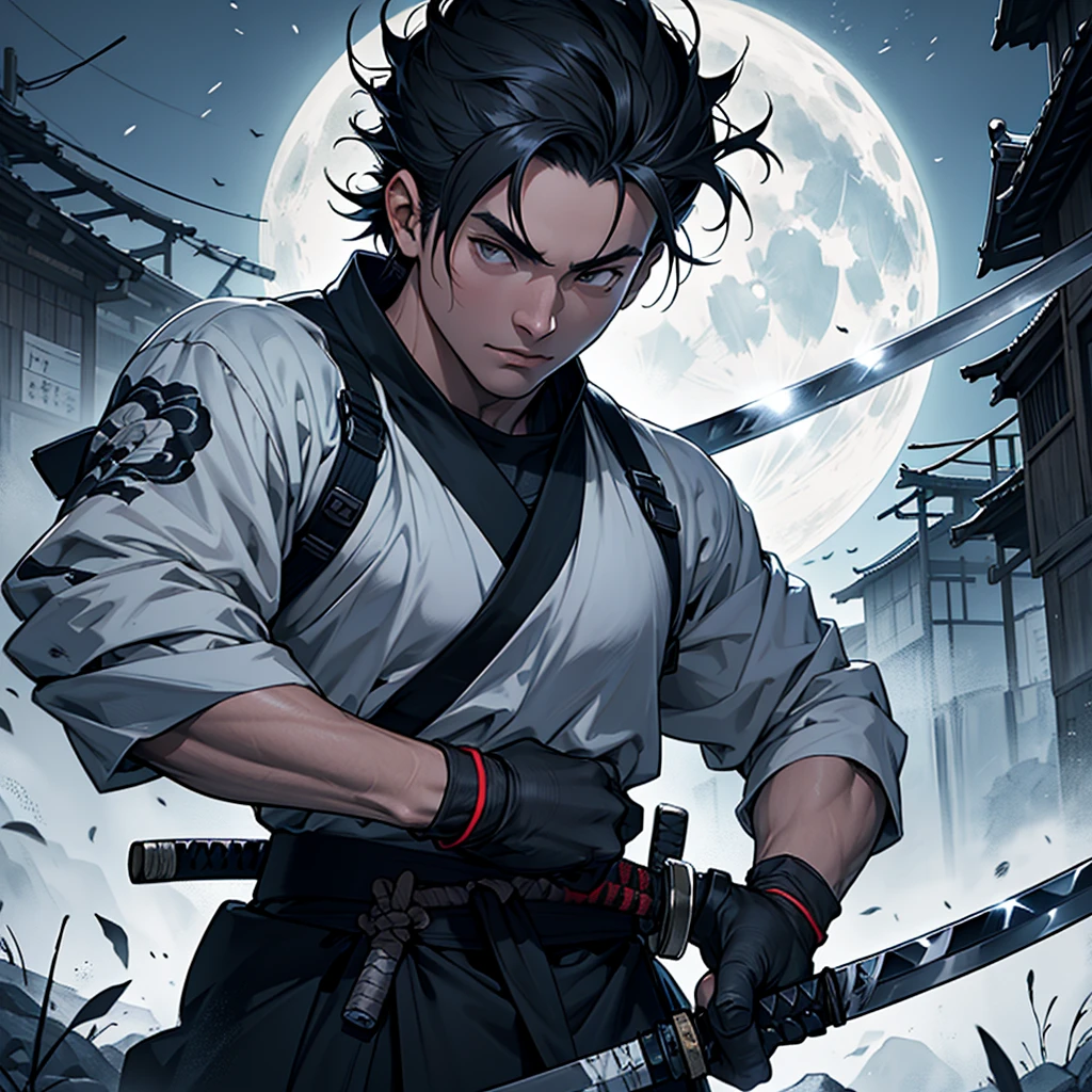 Close up picture of a young ronin slashing his katana under the Moonlight, perfect anatomy, futuristic setting, black and white, highly detailed, masterpiece