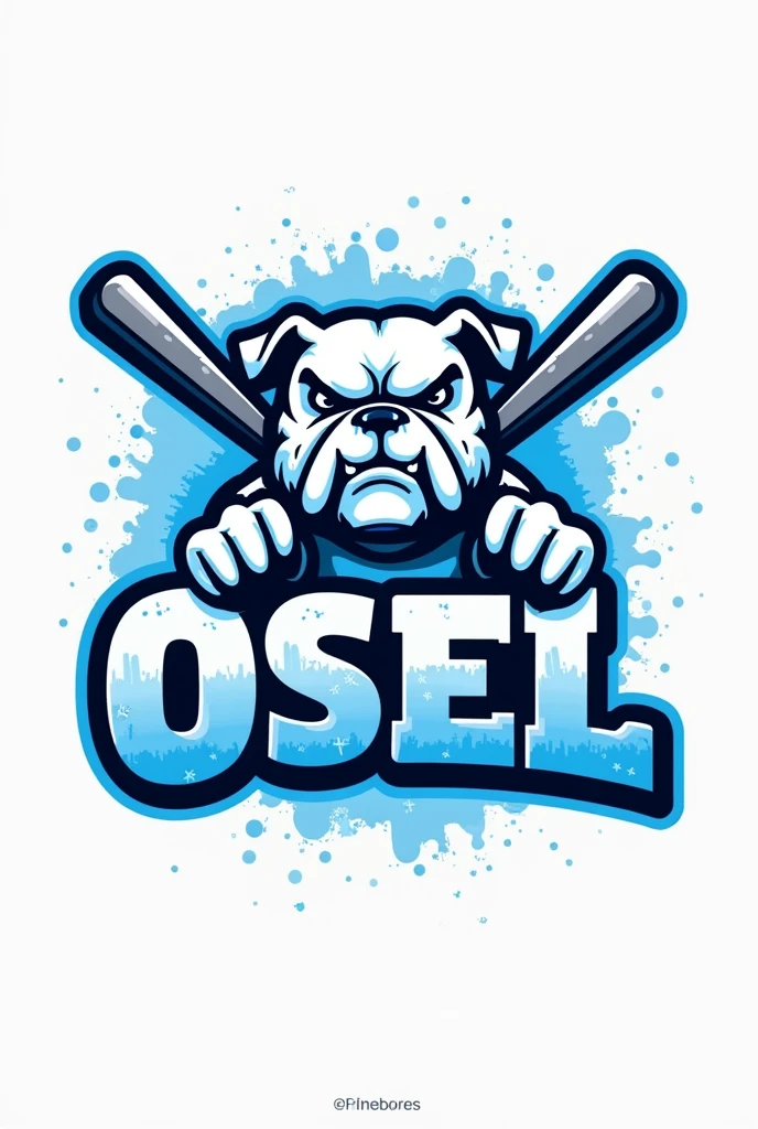 Sky blue typography for the softball team “Pinturas Osel de la Tabasco” with a bulldog as a mascot. Bats appear in the background
