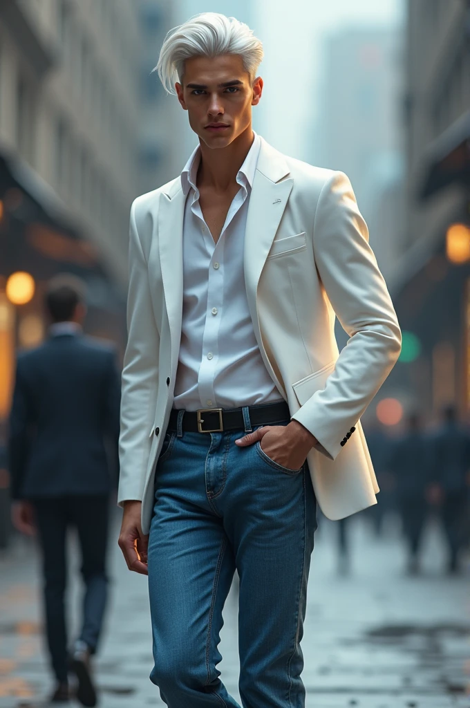 
A strikingly handsome young man with snow-white hair stands tall, exuding an air of confidence and charm. He’s dressed in a sharp white suit, paired with a crisp white shirt that highlights his lean, athletic figure. The formality of his attire is balanced by casual yet stylish blue jeans, and his feet are clad in polished black cut shoes, their sleek design adding a subtle edge to his look. His piercing eyes, framed by his silver locks, reflect both intelligence and mystery. Whether he’s walking through a bustling city or caught in a quiet moment of reflection, his appearance commands attention, leaving those who see him captivated by his unusual yet magnetic presence.
