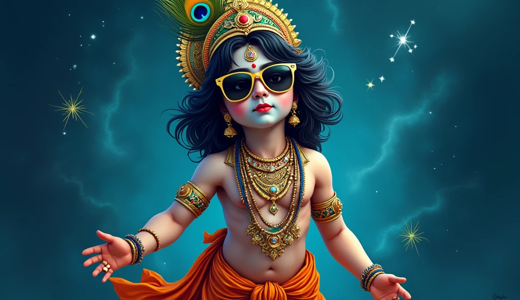 Create a hd poster of lord krishna in swag with black stylish eye glass