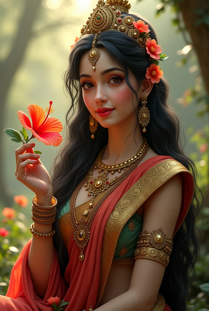 "Create an ultra-realistic image of Goddess Parvati, highlighting her divine beauty, grace, and connection to nature. She should be depicted with flawless, radiant skin that glows with a soft, ethereal light. Her face should be incredibly beautiful, with gentle, delicate features—large, almond-shaped eyes filled with love and serenity, a perfectly shaped nose, and full, serene lips curved into a peaceful smile. Her long, dark hair should flow gracefully down her back, adorned with vibrant flowers and a simple yet elegant golden crown.
Goddess Parvati should be dressed in a richly colored saree, in hues of deep red, gold, and green, symbolizing devotion and prosperity. Her saree should be intricately embroidered with traditional patterns and enhanced by luxurious jewelry, including necklaces, bangles, and earrings that reflect her divine status. In one of her hands, she should hold a bright red shoeflower (hibiscus), a symbol of love, beauty, and devotion, delicately clasped with grace.
The background should depict a serene, natural setting, perhaps a lush garden or a tranquil landscape, with soft sunlight filtering through the trees, adding to the divine and nurturing atmosphere. The overall image should capture the essence of Goddess Parvati’s beauty, strength, and deep connection to nature, presented in an intensely realistic and detailed manner."