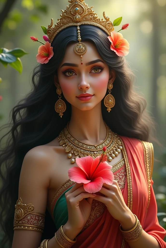 "Create an ultra-realistic image of Goddess Parvati, highlighting her divine beauty, grace, and connection to nature. She should be depicted with flawless, radiant skin that glows with a soft, ethereal light. Her face should be incredibly beautiful, with gentle, delicate features—large, almond-shaped eyes filled with love and serenity, a perfectly shaped nose, and full, serene lips curved into a peaceful smile. Her long, dark hair should flow gracefully down her back, adorned with vibrant flowers and a simple yet elegant golden crown.

Goddess Parvati should be dressed in a richly colored saree, in hues of deep red, gold, and green, symbolizing devotion and prosperity. Her saree should be intricately embroidered with traditional patterns and enhanced by luxurious jewelry, including necklaces, bangles, and earrings that reflect her divine status. In one of her hands, she should hold a bright red shoeflower (hibiscus), a symbol of love, beauty, and devotion, delicately clasped with grace.

The background should depict a serene, natural setting, perhaps a lush garden or a tranquil landscape, with soft sunlight filtering through the trees, adding to the divine and nurturing atmosphere. The overall image should capture the essence of Goddess Parvati’s beauty, strength, and deep connection to nature, presented in an intensely realistic and detailed manner."