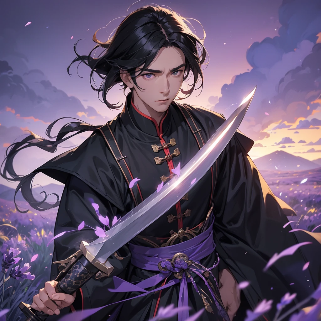 Handsome black-haired male general holding a large sword in black ancient Chinese general costume, walking In the middle of lavender fields , Surrounded by lavender fields, purple, with green mountains in the background, low clouds, the sun is about to set, close up.