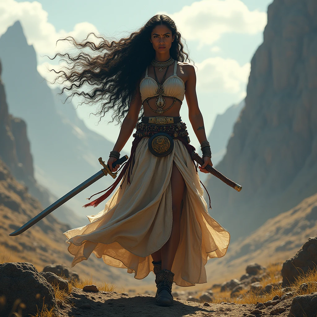 beautiful South Indian queen, wearing old warrior dress , long curly hair, background There are big mountains and battlefield behind , she was one hand katana and one hand horse roap ,she was very dangerous and angry and we try to kill she's enime ,