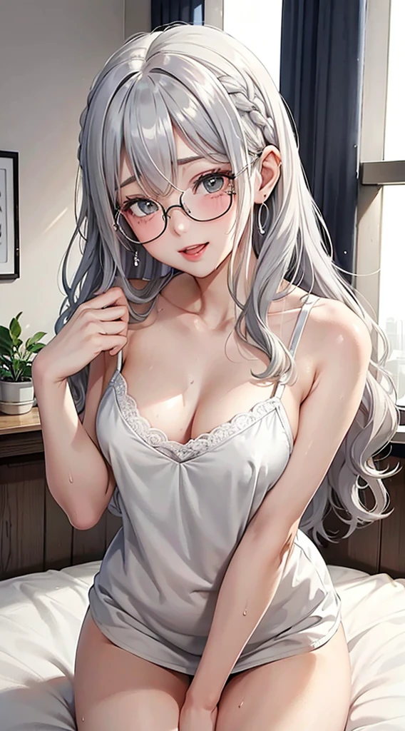 1Girl, Solo, Anime, Ideal body, down blouse, laced blouse, oversize, loose. (Small breast:1.1), (Hard nipples:1.1). Beautiful, Gorgeous, Fresh, Blunt Bangs, (White Grey Hair:1.5),(Straight and Wavy Long Hair:1.3), open outer, camisole, casual, eyeglasses, mini skirt, stocking, Comfort, cotton Texture. (Kneel on bed:1.3). Earrings, Thin Black Headband, Green Accessories, Environmental Details, Bed Room, Natural Light, Modern Bed, Chair, Window, White Curtain, City View. pov, anime style, UHD, retina, masterpiece, accurate, anatomically correct, textured skin. High Resolution, Looking at the viewer, Blush, Best Quality, Award Winning, Accurate, Embarrassed, seductive smile, sweating, naughty smile, Naughty Face, Naughty, Gradient Eye Color, Sexy Pose. Cowboy Shot, open mouth, sweat, sticky sweat.