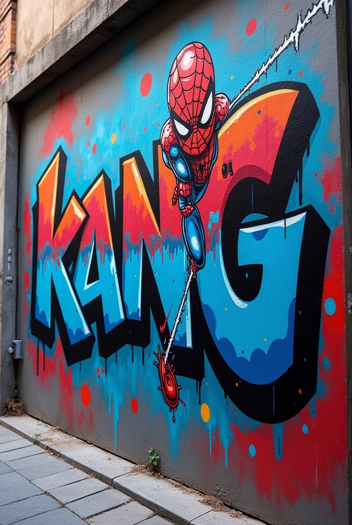 Make a graffiti with the colors blue and red with the name of kanng and put the spiderman next to it