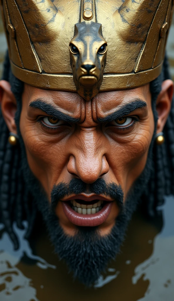 Extremely detailed face The image must be a very close-up, clearly showing facial features with high definition and accuracy. The face must be expressive and realistic, highlighting details such as skin textures, expression lines, eyebrows, eyeballs, nose and mouth with great clarity. there is a man in a golden crown standing in a body of water, egyptian god, the egyptian god, photo of ghost of anubis, storm egyptian god, egypt god, angry god anubis, the god anubis, highly detailed textured 8k, highly detailed textured 8 k, anubis, kemetic, very highly detailed 8k