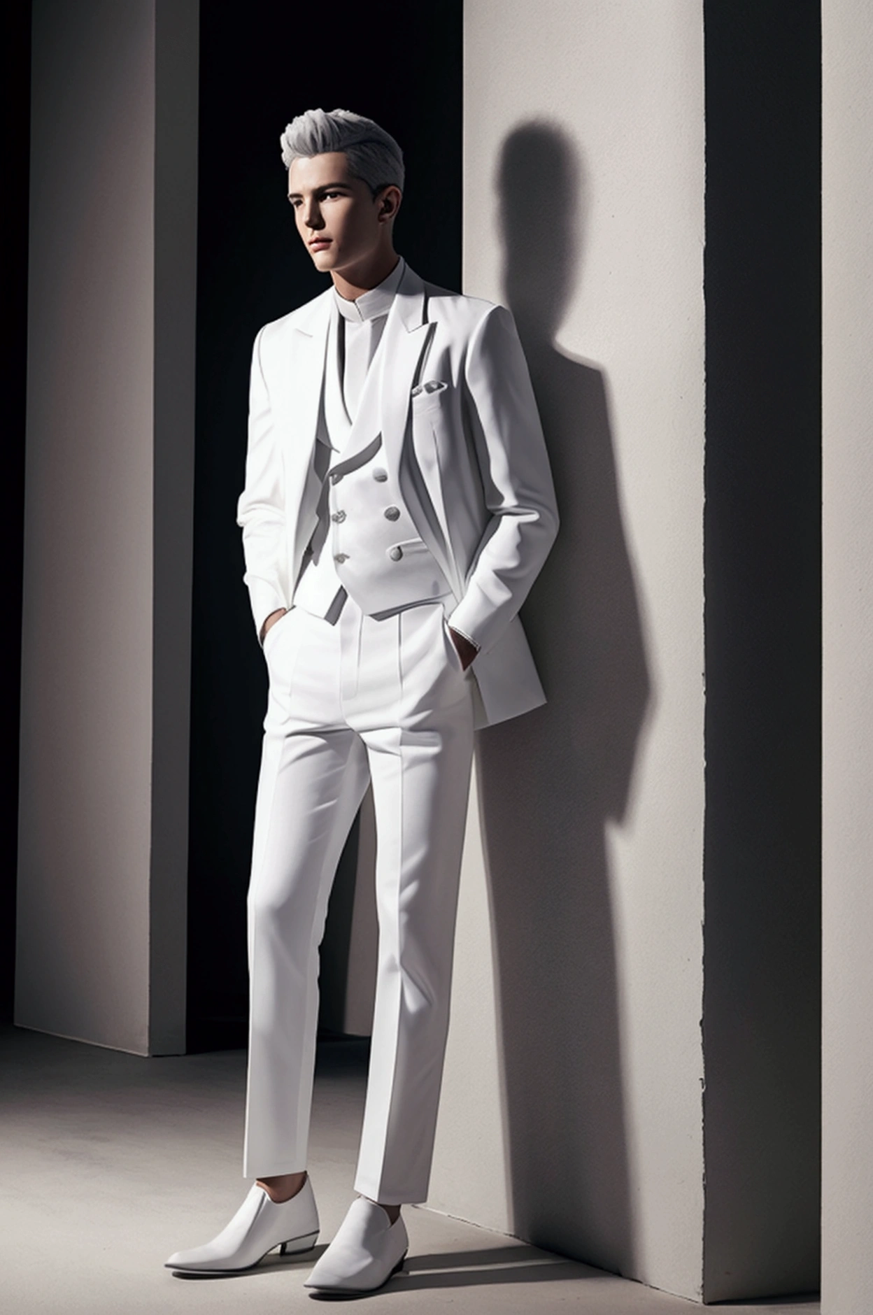 Handsome young man, white hair, full body, white suit, jeans