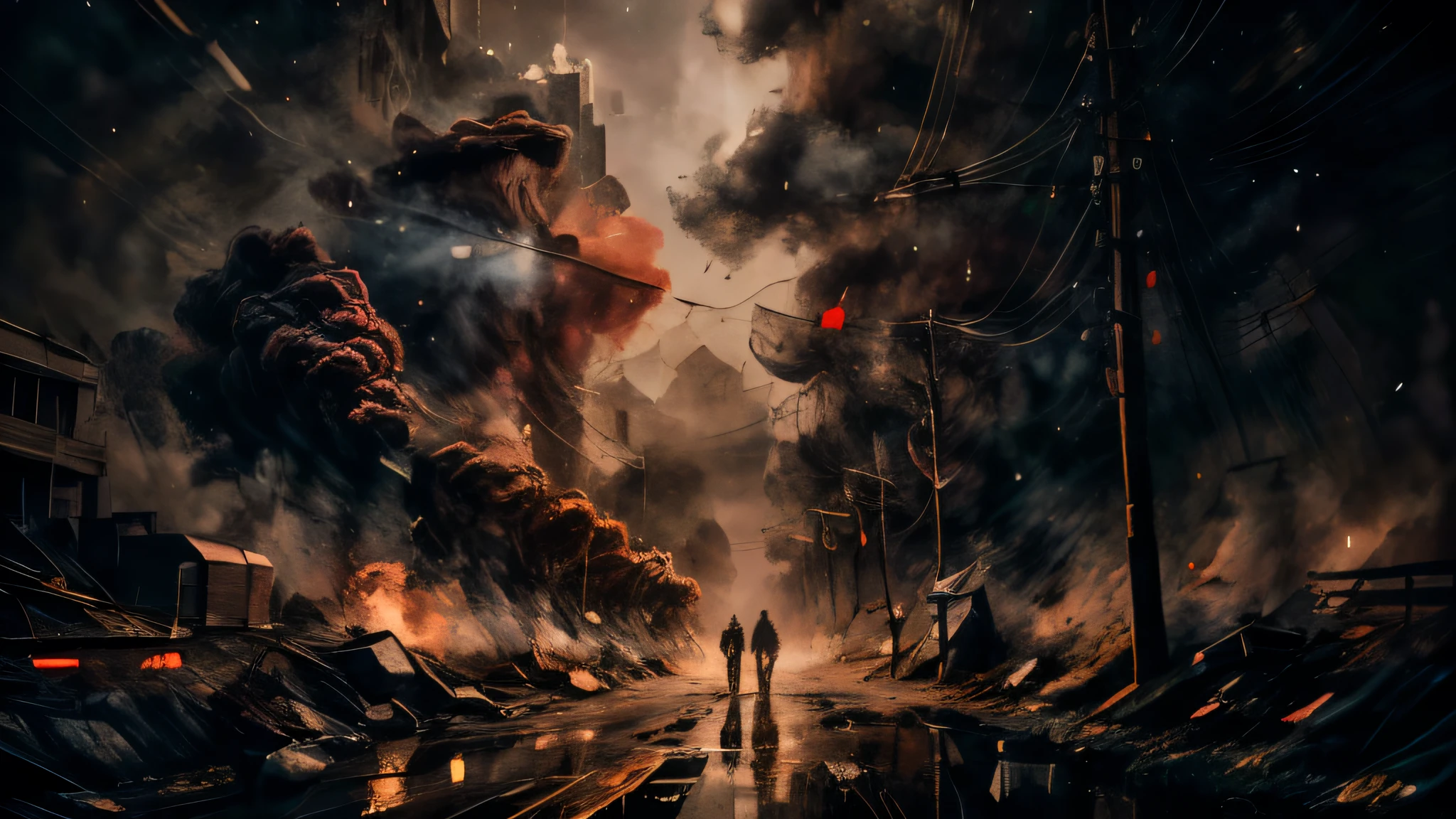One child at night, rain pouring down, dark sky, smoke and dirt, atmospheric lighting, cinematic mood, dramatic shadows, gritty realism, award winning composition, hyper detailed, intricate details, photographic quality, professional photography, masterpiece, so sad picture
