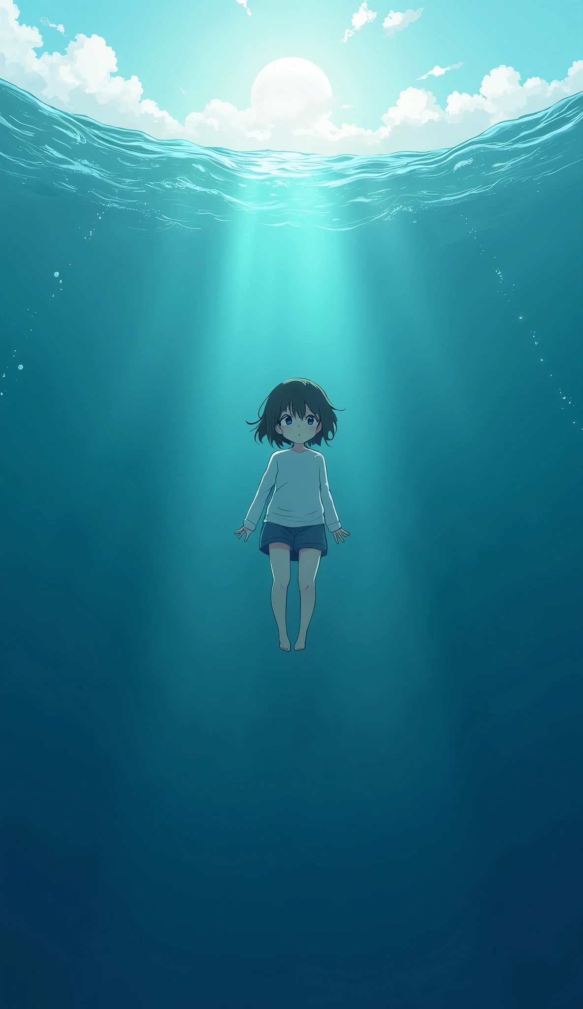 A girl dives into the deep sea, surrounded by dark blue water, with light behind her and small white clouds floating in the sky above. The background of this underwater scene has no visible waves or bubbles, creating a calm atmosphere. This illustration symbolizes resilience in the face of adversity. It's very simple, minimalistic, and high-resolution