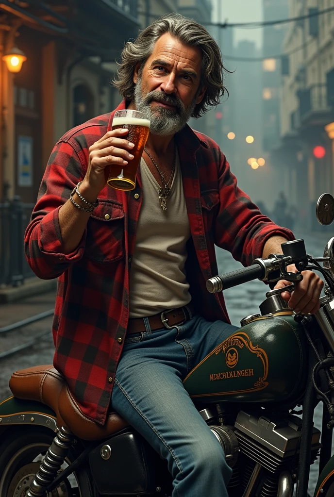 David de Miguel Angel dressed in flannel drinking beer on his motorcycle