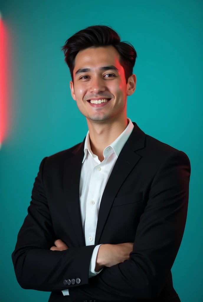 A young man with dark hair and a confident smile. He is dressad in a black blazer over a whiter shirts. The man is postioned against aqua colour backdorp with a subtle red ligthting on the left side. and he posting for linkedin profile
