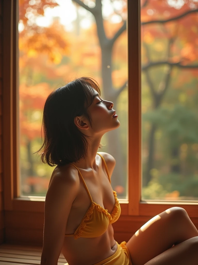 High resolution, masterpiece, Highest quality, One person, Japanese, Cute face、Look up at the sky、Close ~ eyes、Brown hair color, Straight Bob Cut, Yellow frill bikini、Large Breasts, Sweat、Wet Hair、Wet body、Inside the sauna room、window、windowから美しい紅葉の森の景色、Sleeping in an infinity chair、Background blur, Lens flare, movie,