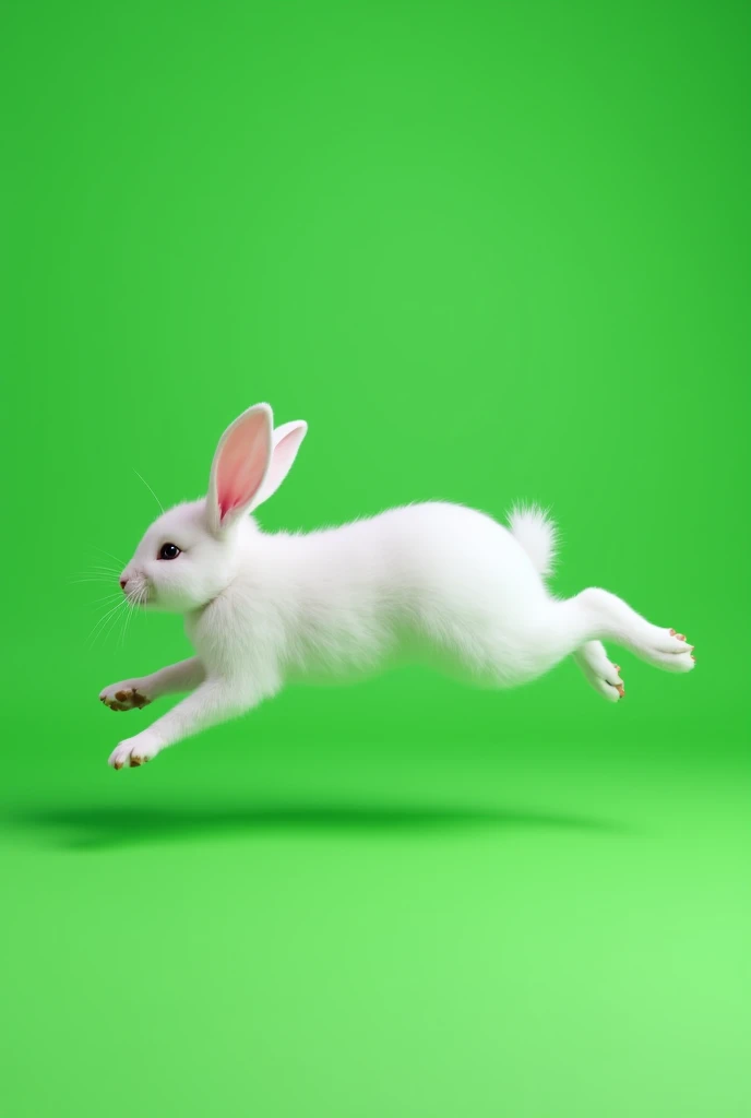 A white rabbit is jumping on a single green background
