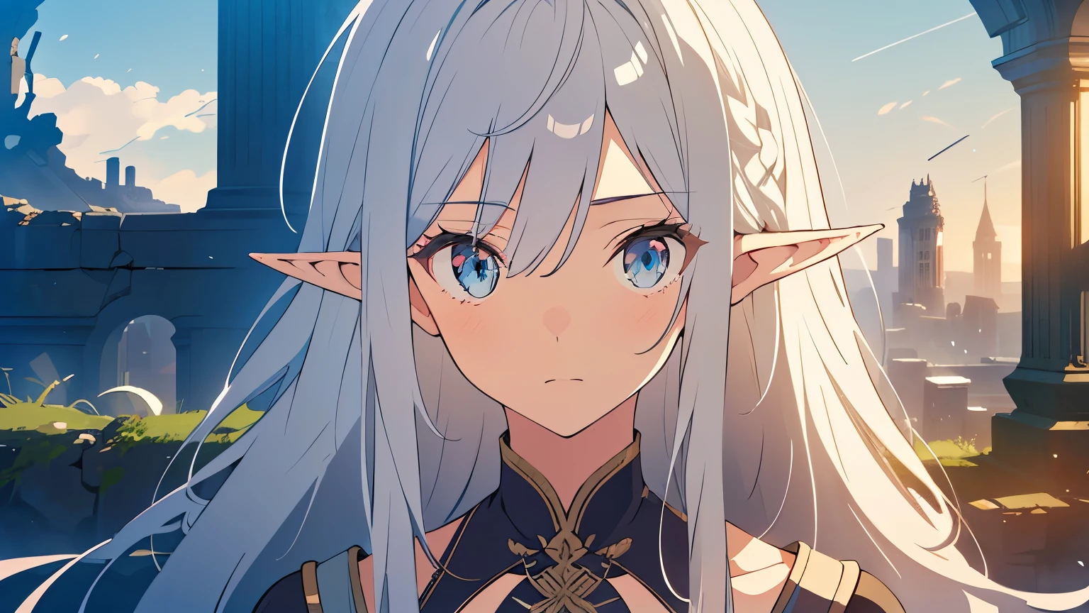Top Quality, (Ultra-Definition, Ultra-Detail, 4K, 8K), Broken Clock, Ruins, Broken Ruins, Beautiful Elf (clearly drawn face)), Long Hair, Silver Hair, Ruins, Long Hair, Silver Hair, Masterpiece,.