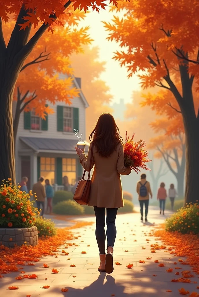an autumn scene with a woman heading towards her house after purchasing flowers and coffee
Show her back only
Some random people also