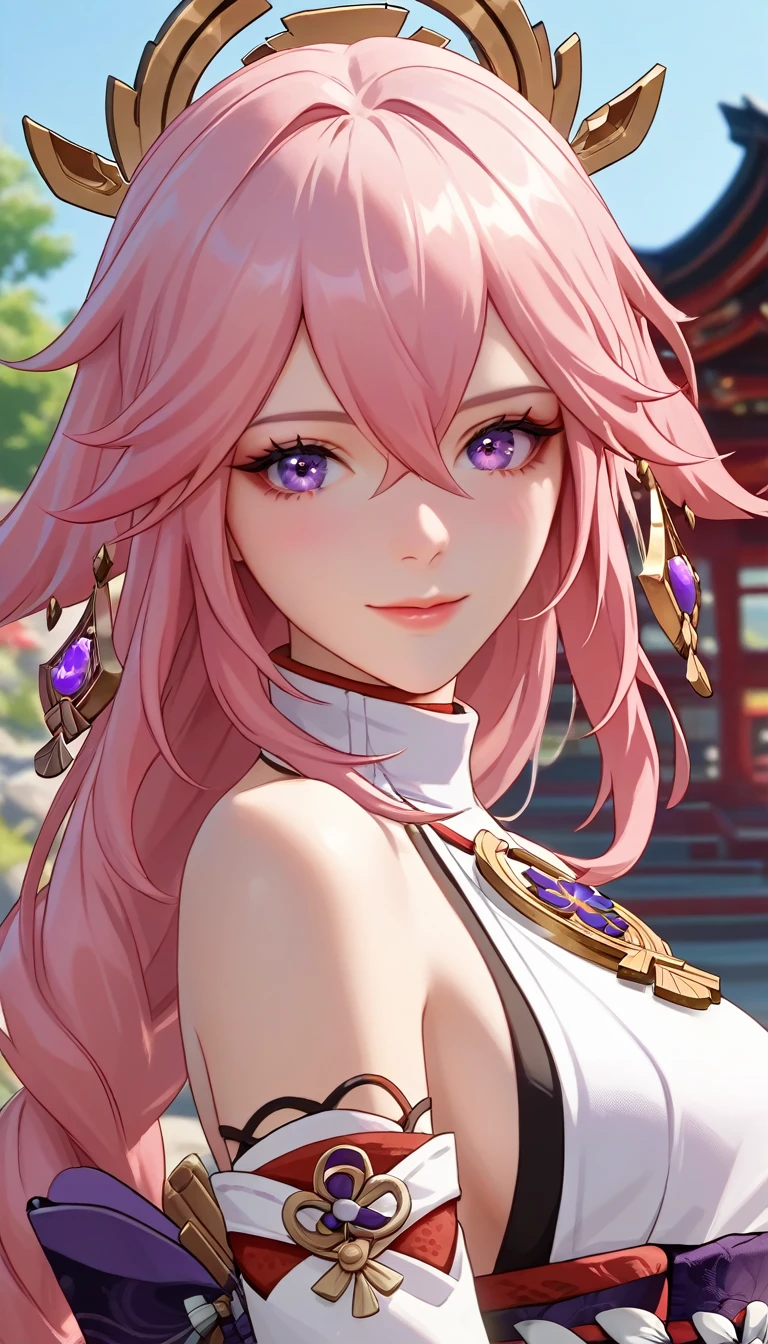 score_9, score_8_up, score_7_up,source_anime, high res image,masterpiece,best quality,girl,cute face,clear skin,yae_miko_shogun_genshin, upper body, standing, Japanese temple,(looking at viwer), smile,