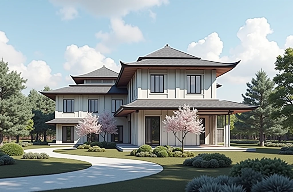 chef-d'œuvre, (photoréaliste : 1.2), meilleure qualité, haute résolution, extérieur, architecture de maison de jardin, maison entièrement fonctionnelle, architecture de toit japonaise, toit japonais, murs blancs, fenêtres en verre, route de circulation, ciel bleu, rendu réaliste super détaillé, 32 000 uhd , contre-plongée, structure composite, empilé/empilé, conception de pages créatives, lumière du jour, rendu (Vray : 1.1)