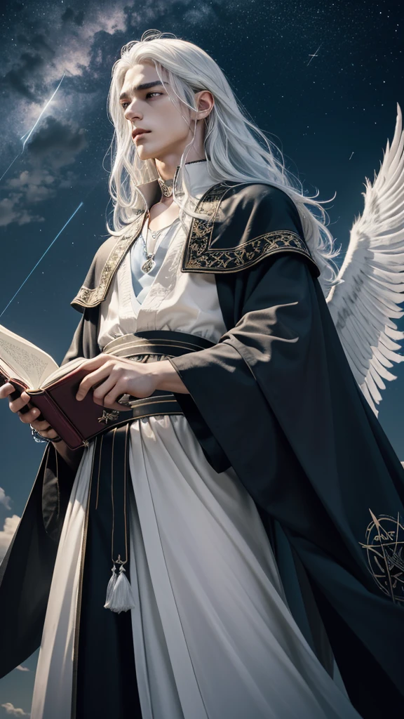 Exorcising evil spirits in ancient ruins17A wise young man about his age、Neutral boy、
White hair and sky blue mesh hair、Waist-length hair、Loose Waves、side hair、Tie it to the back with a green string、From the waist up、Eyes of seven colors、Looking sadly at the sky、silver ear cuff、Necklace with blue gemstones and fine engraving、choker、Hair dancing in the wind、(((In his right hand he holds a spellbook engraved with a crimson red pentagram.)))、Staring at the sky, I chant a spell、Open your mouth、((A dazzling light shoots out from the spellbook into the sky.))、Intricate and elegant embroidered innerwear in black and gold、A coat with fluffy white feathers on the collar、Coat fluttering in the wind、White feathers flying in the air、Left hand pointing straight up towards the sky、A small pale light emerges from my fingertips, forming an arrow of light that shoots through the heavens.、Dark sky、Lightning super wide shot、Focus on people、masterpiece, best quality, ultra detailed, insanely detailed, exquisite, beautiful, 16K, highres