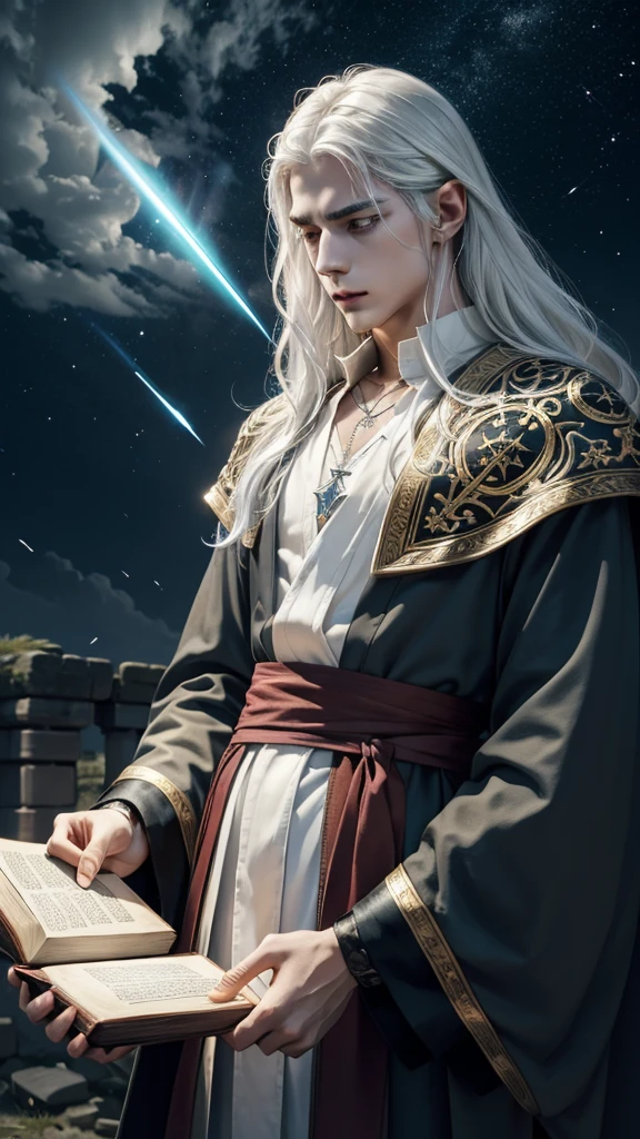 Exorcising evil spirits in ancient ruins17A wise young man about his age、Neutral boy、
White hair and sky blue mesh hair、Waist-length hair、Loose Waves、side hair、Tie it to the back with a green string、From the waist up、Eyes of seven colors、Looking sadly at the sky、silver ear cuff、Necklace with blue gemstones and fine engraving、choker、Hair dancing in the wind、(((In his right hand he holds a spellbook engraved with a crimson red pentagram.)))、Staring at the sky, I chant a spell、Open your mouth、((A dazzling light shoots out from the spellbook into the sky.))、Intricate and elegant embroidered innerwear in black and gold、A coat with fluffy white feathers on the collar、Coat fluttering in the wind、White feathers flying in the air、Left hand pointing straight up towards the sky、A small pale light emerges from my fingertips, forming an arrow of light that shoots through the heavens.、Dark sky、Lightning super wide shot、Focus on people、masterpiece, best quality, ultra detailed, insanely detailed, exquisite, beautiful, 16K, highres