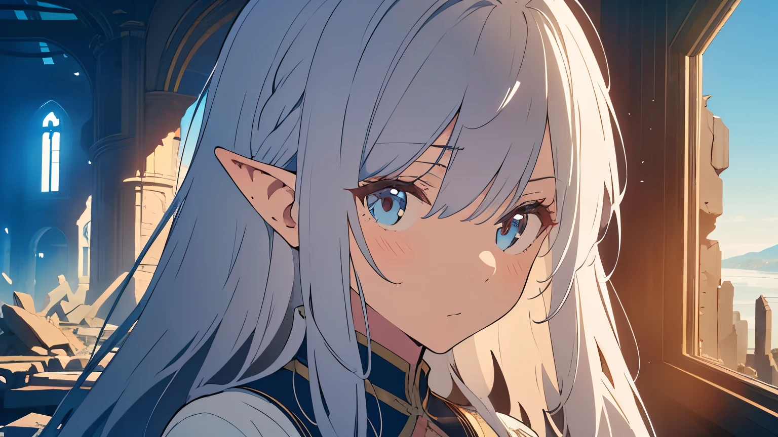 Top Quality, (Ultra-Definition, Ultra-Detail, 4K, 8K), Broken Clock, Ruins, Broken Ruins, Beautiful Elf (clearly drawn face)), Long Hair, Silver Hair, Ruins, Long Hair, Silver Hair, Masterpiece,.