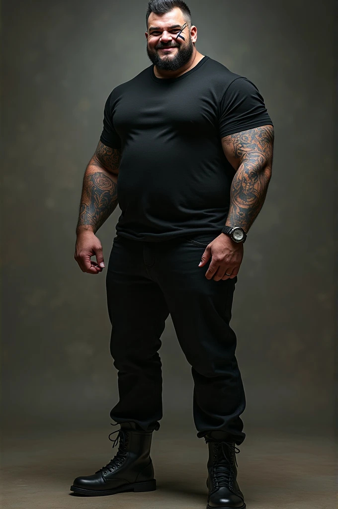 A tall man, with one black eye and the other eye white cassia blue, a scar that runs from the left eye to the left ear. Straight nose, marked jaw and thick, pink lips. with a mischievous smile and a penetrating gaze. slightly tanned skin, with an arm tattooed from the fingers to the neck. Muscular body and big, strong arms. Dressed in a black t-shirt and black pants with boots.