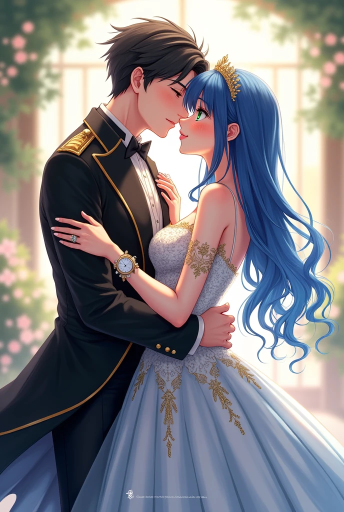 anime groom with an expensive black coat and gold lines on the sleeve, black dress pants, expensive white dress shoes. Expensive silver watch, silver wedding ring on the ring finger, shiny green eyes and neat black hair. Kissing beautiful anime bride in expensive white and blue wedding dress, with gold lace tights and small gold tiara, shiny blue eyes and long blue hair, silver wedding ring in one hand and gold ring with diamond gem in the other hand . a lovely fantasy moment , light brightening them
