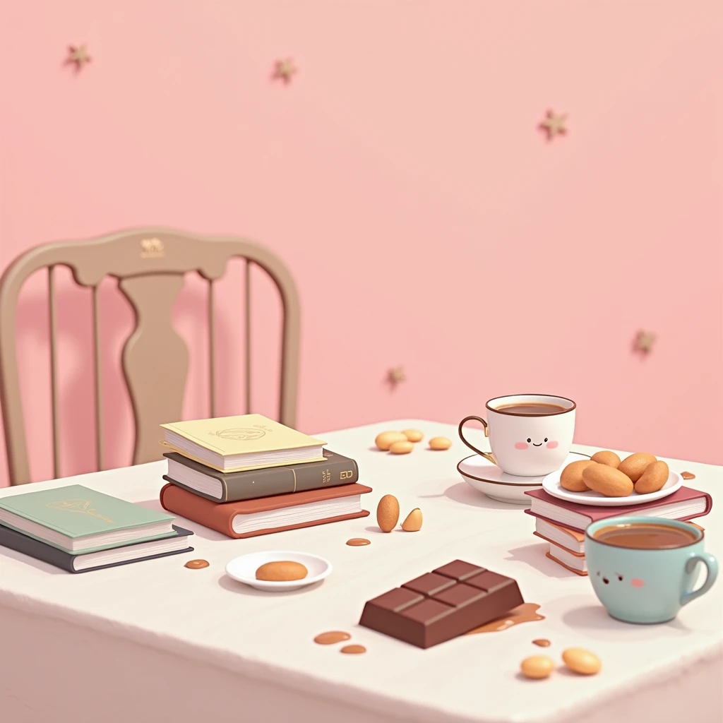 A close up of a table with waste water on it, cloth, books, snacks, chocolate, pink wall background, cute elements