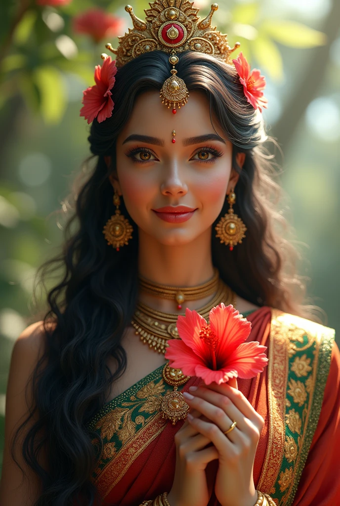 "Create an ultra-realistic image of Goddess Parvati, highlighting her divine beauty, grace, and connection to nature. She should be depicted with flawless, radiant skin that glows with a soft, ethereal light. Her face should be incredibly beautiful, with gentle, delicate features—large, almond-shaped eyes filled with love and serenity, a perfectly shaped nose, and full, serene lips curved into a peaceful smile. Her long, dark hair should flow gracefully down her back, adorned with vibrant flowers and a simple yet elegant golden crown.

Goddess Parvati should be dressed in a richly colored saree, in hues of deep red, gold, and green, symbolizing devotion and prosperity. Her saree should be intricately embroidered with traditional patterns and enhanced by luxurious jewelry, including necklaces, bangles, and earrings that reflect her divine status. In one of her hands, she should hold a bright red shoeflower (hibiscus), a symbol of love, beauty, and devotion, delicately clasped with grace.

The background should depict a serene, natural setting, perhaps a lush garden or a tranquil landscape, with soft sunlight filtering through the trees, adding to the divine and nurturing atmosphere. The overall image should capture the essence of Goddess Parvati’s beauty, strength, and deep connection to nature, presented in an intensely realistic and detailed manner."