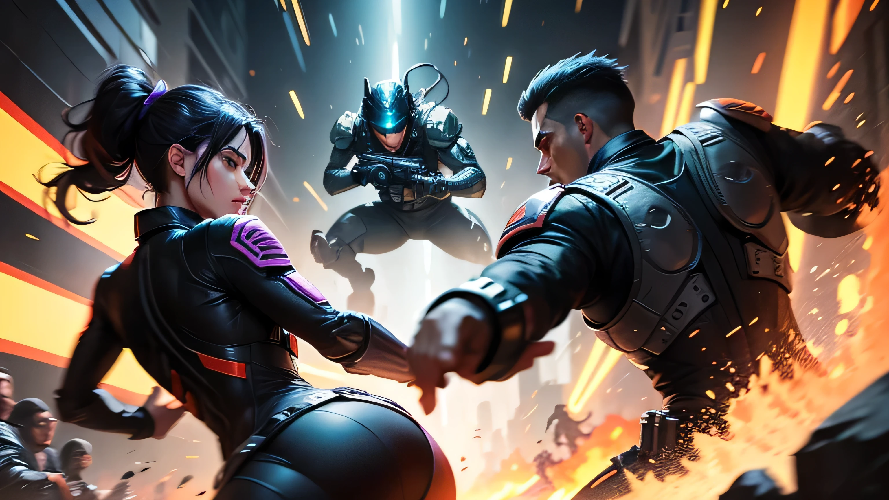 A thrilling and dynamic illustration for a Valorant game thumbnail. The action-packed scene features agents like the fierce Oman and Reyna. The background showcases a chaotic battle scene with agents wielding their weapons and abilities. The overall vibe is a combination of excitement and tension, creating a captivating YouTube thumbnail for the game., poster, illustration. Use orange and purple colour of light