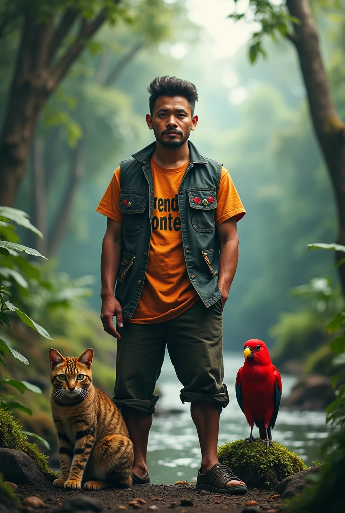 Indonesian village youth, 30 year old coolie, looking dashing at the camera, wearing a vest with the words "TRENDY KONTER" walking along the river bank accompanied by a three-striped cat and a red bird in the middle of the wilderness