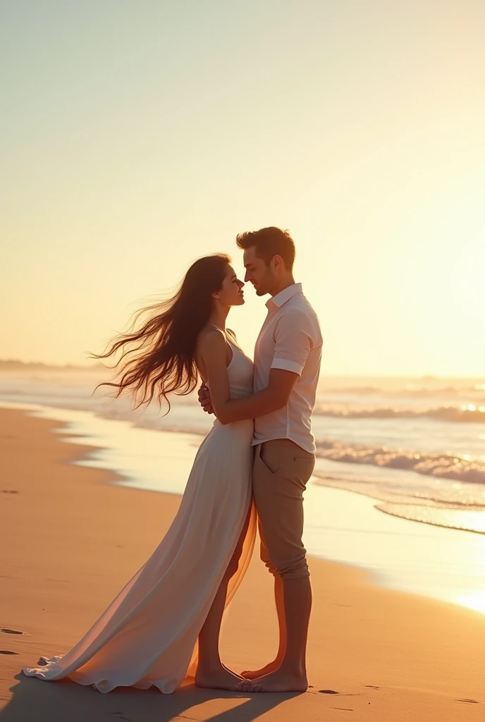 Couple in beach and wide has a long hair