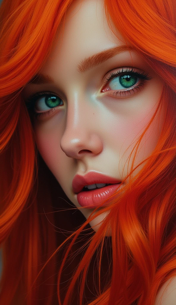 High-quality realistic acrylic art, vivid colors, A photo of a close-up of a woman's face with long, red hair that cascades around her face, partially covering her forehead and cheeks. Her eyes are a captivating shade of green. The background is blurred, emphasizing the woman's face as the primary subject.