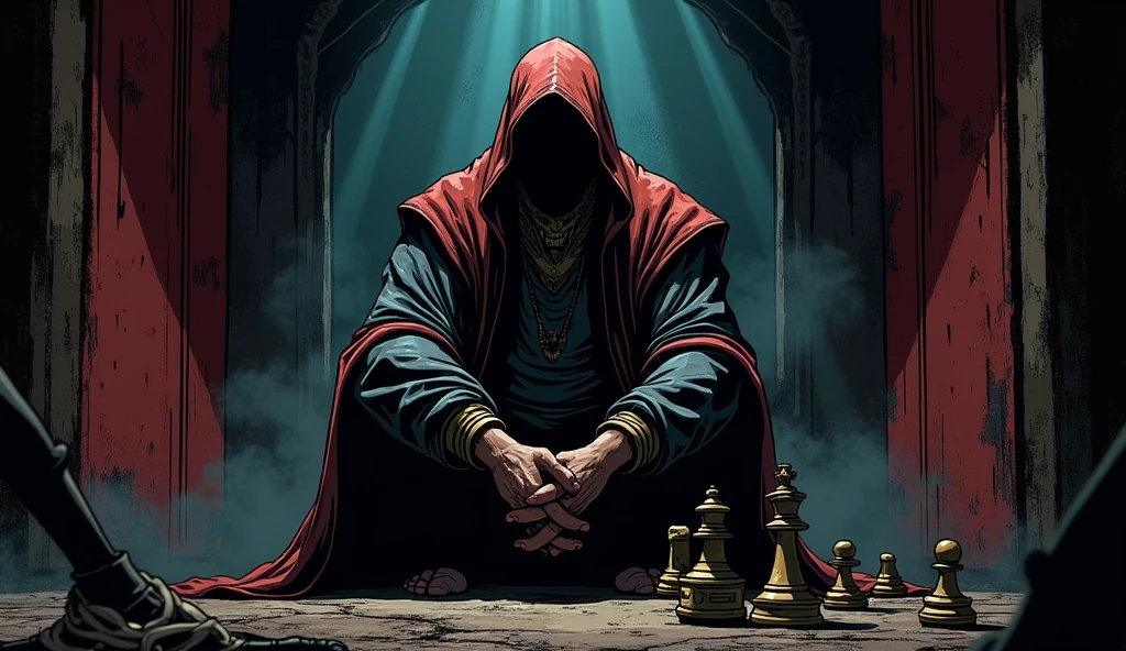 Comic style : Shakuni sitting alone in his chamber, contemplating, with a dark shadow cast over his face.