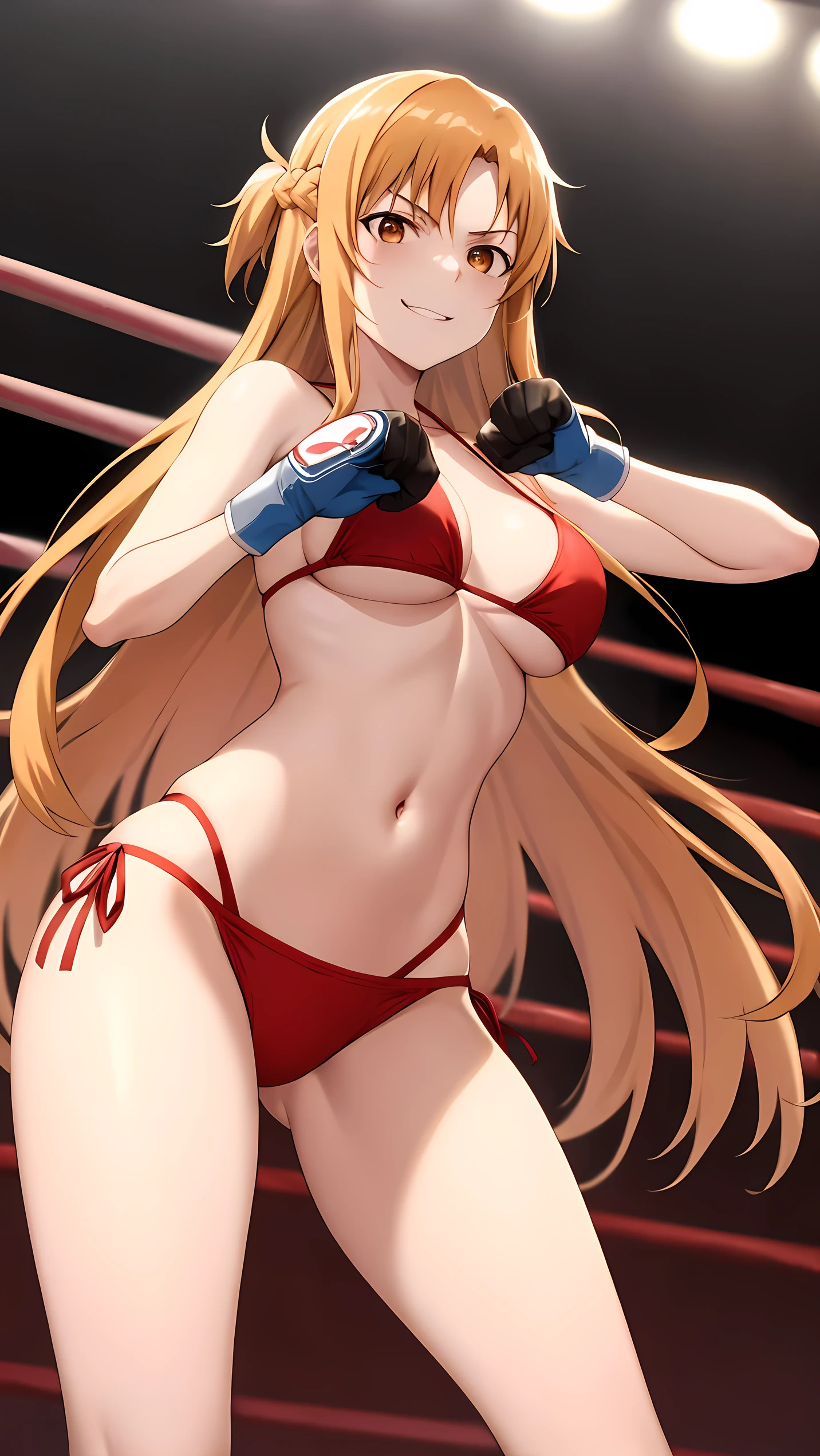 Asuna yuki(Sword Art Online), Dynamic Angle, Long bronze hair,Braiding,Brown eyes,Detailed eyes,Big bust line,bikini, Roll Forward,Real,Her slim legs are really cute.,Very beautiful long legs, Perfect body,Real,(Standing Alone),Fighting Pose,Boxing gloves,Boxing Ring,Smirking, From Below,winner,Ultra HD,Detailed eyes,Detailed face,upper body shot,