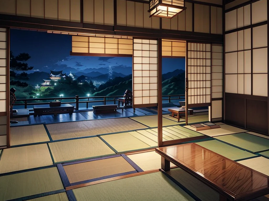 Japanese-style room、Five-story Japanese castle、View from the open sliding door、Night Sky、