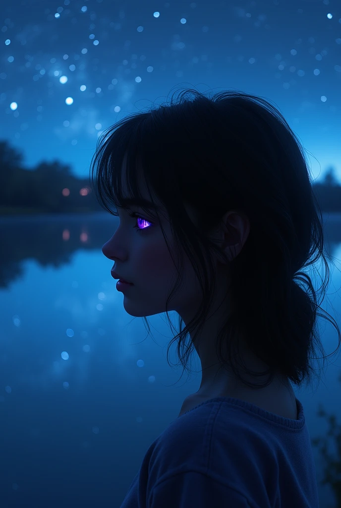 Silhouette of a teenage girl with purple eyes looking sideways at a crystal clear lake at night, latina, Dark brown hair, Dark brown skin ultra-realistic high-quality image generation, bringing limitless possibilities to artistic creation. 