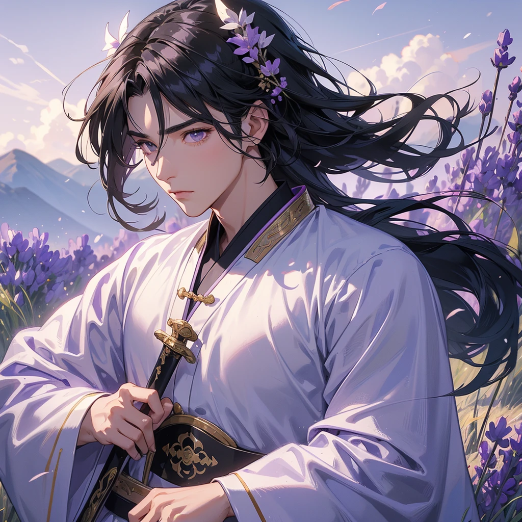 Handsome black-haired male general holding a large sword in white ancient Chinese general costume, walking In the middle of lavender fields , Surrounded by lavender fields, purple, with green mountains in the background, low clouds, close up.