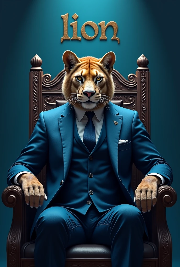 Mountain lion in a suit sitting on a throne with the word written in Armenian symbols above his head " LION " in shades of blue