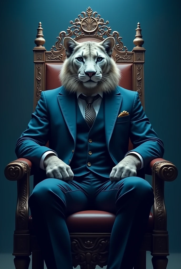 Mountain lion in a suit sitting on a throne with the word written in Armenian symbols above his head " LION " in shades of blue