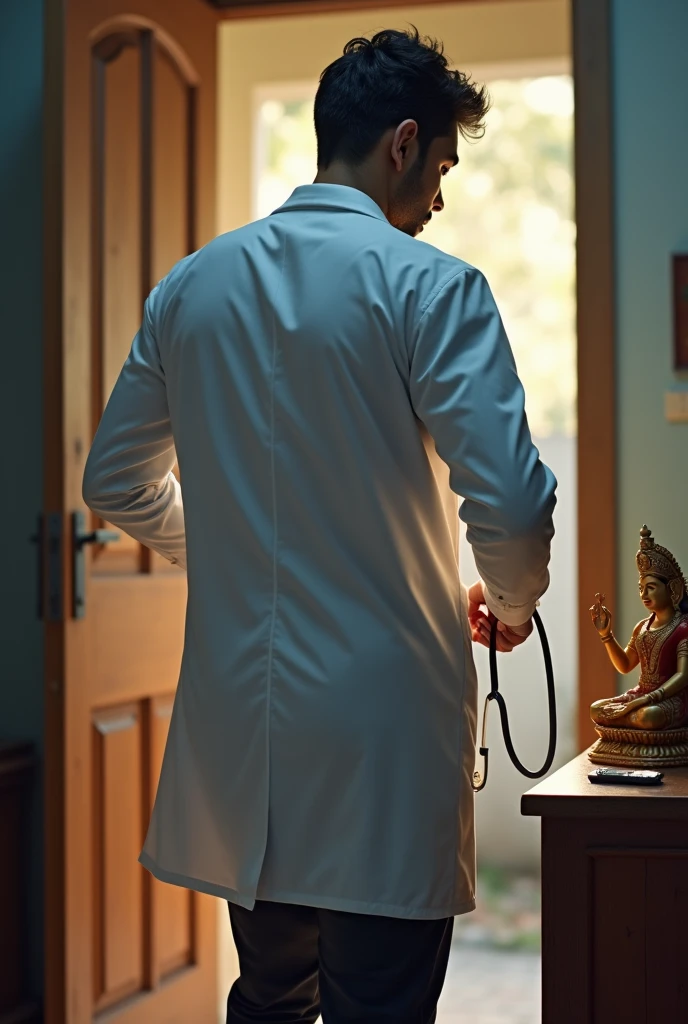 30 years Indian young man is picking up his stethoscope from the hanger at his house. His backside should be displayed. his watch is also in that table. Goddess durga small idol is also there.