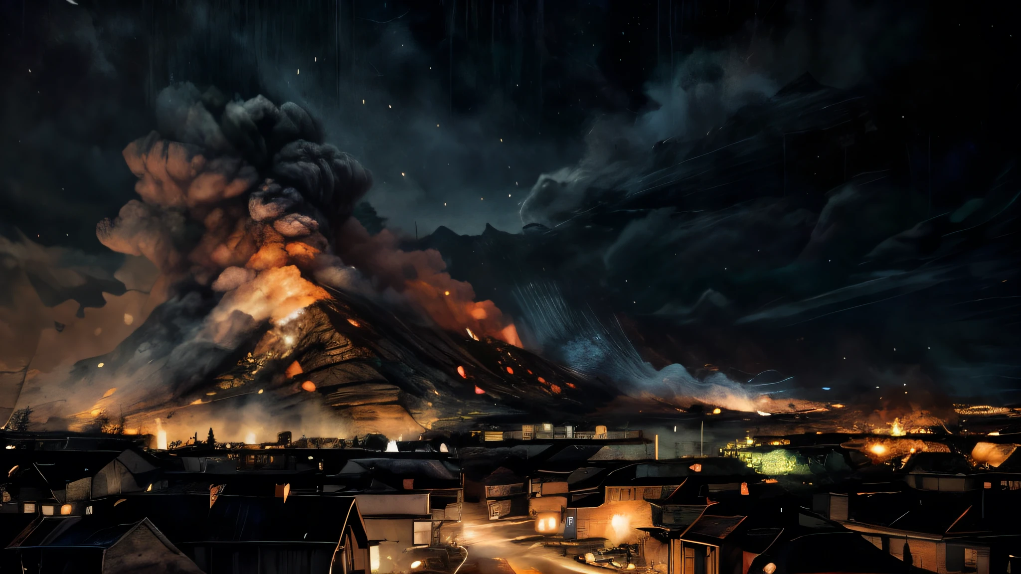One child at night, big mount, rain pouring down, dark sky, smoke and dirt, atmospheric lighting, cinematic mood, dramatic shadows, gritty realism, award winning composition, hyper detailed, intricate details, photographic quality, professional photography, masterpiece, so sad picture