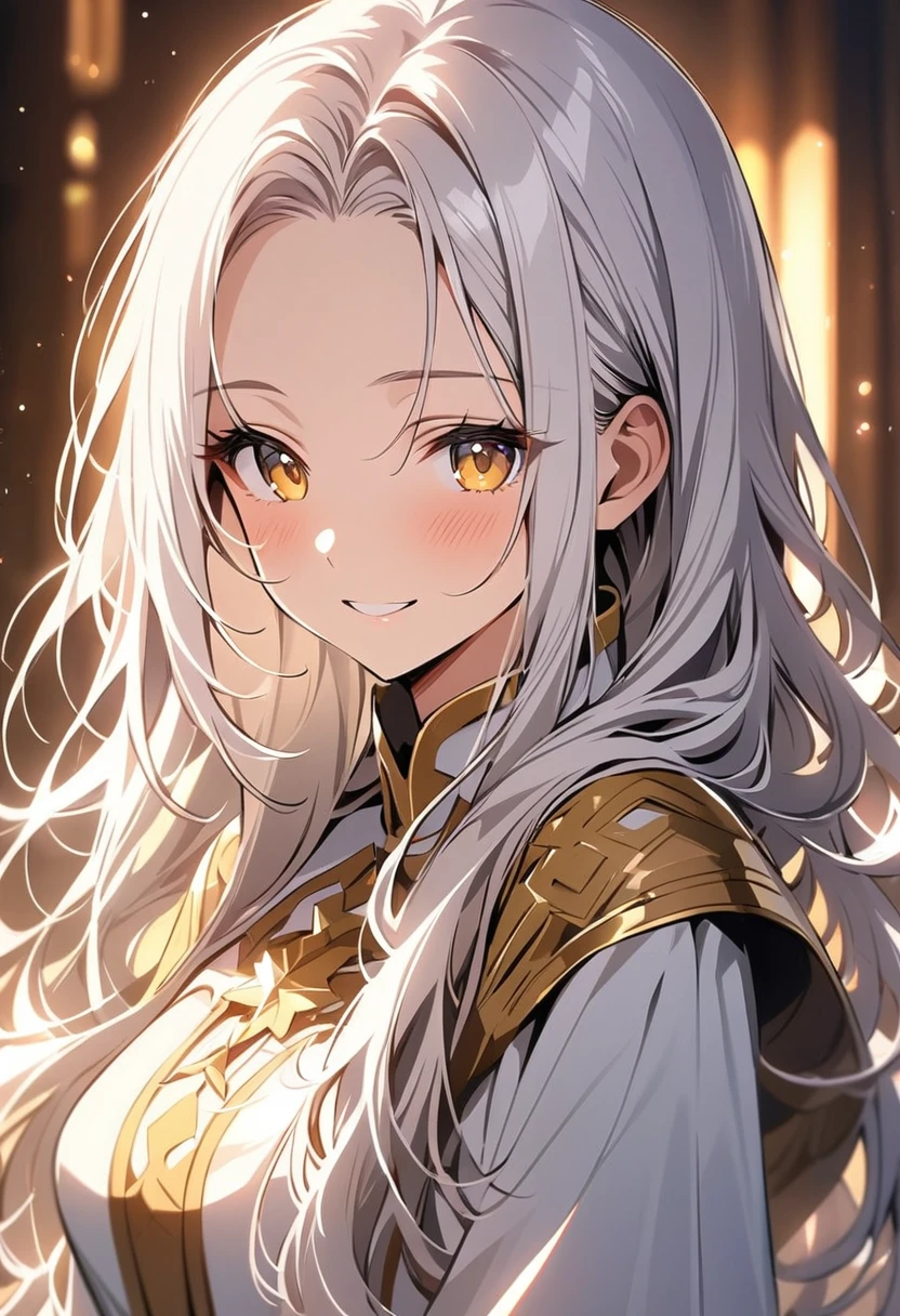 best quality, masterpiece,white hair, gold eyes,white holy clothes, upper body,hair strand,Fair skin, long hair, forehead, gorgeous girl, warm lighting, adorable smile